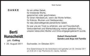 Traueranzeige von Berti Hunscheidt von Super Sonntag / Super Mittwoch