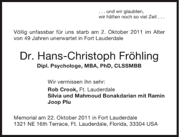 Traueranzeige von Dr. Hans-Christoph Fröhling von Aachener Zeitung / Aachener Nachrichten