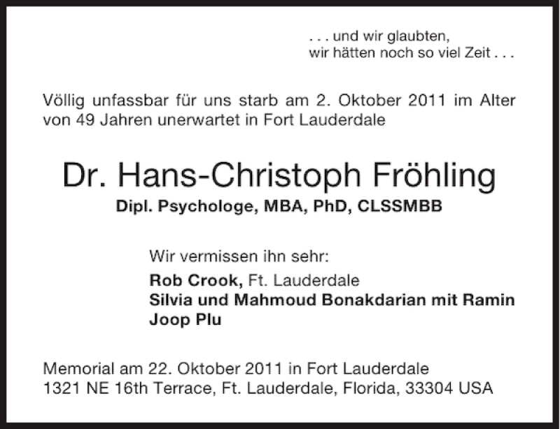  Traueranzeige für Dr. Hans-Christoph Fröhling vom 15.10.2011 aus Aachener Zeitung / Aachener Nachrichten