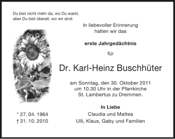 Traueranzeige von Dr. Karl-Heinz Buschhüter von Super Sonntag / Super Mittwoch