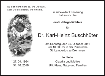 Traueranzeige von Dr. Karl-Heinz Buschhüter von Aachener Zeitung / Aachener Nachrichten