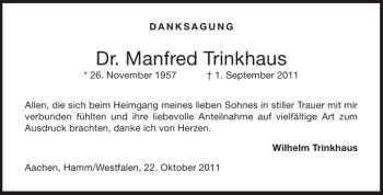 Traueranzeige von Dr. Manfred Trinkhaus von Aachener Zeitung / Aachener Nachrichten