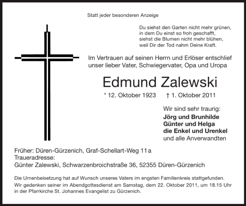  Traueranzeige für Edmund Zalewski vom 16.10.2011 aus Super Sonntag / Super Mittwoch