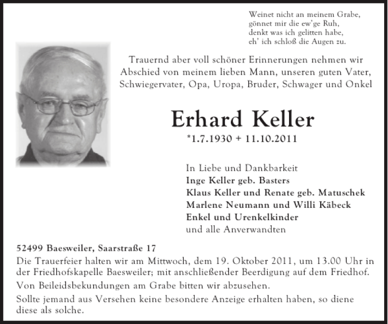 Traueranzeigen von Erhard Keller Aachen gedenkt