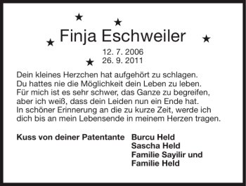 Traueranzeige von Finja Eschweiler von Super Sonntag / Super Mittwoch