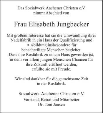 Traueranzeige von Frau Elisabeth Jungbecker von Aachener Zeitung / Aachener Nachrichten