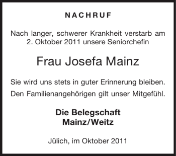 Traueranzeige von Frau Josefa Mainz von Super Sonntag / Super Mittwoch