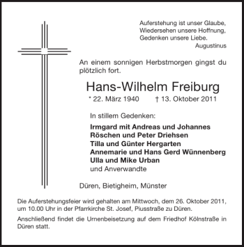 Traueranzeige von Hans-Wilhelm Freiburg von Aachener Zeitung / Aachener Nachrichten