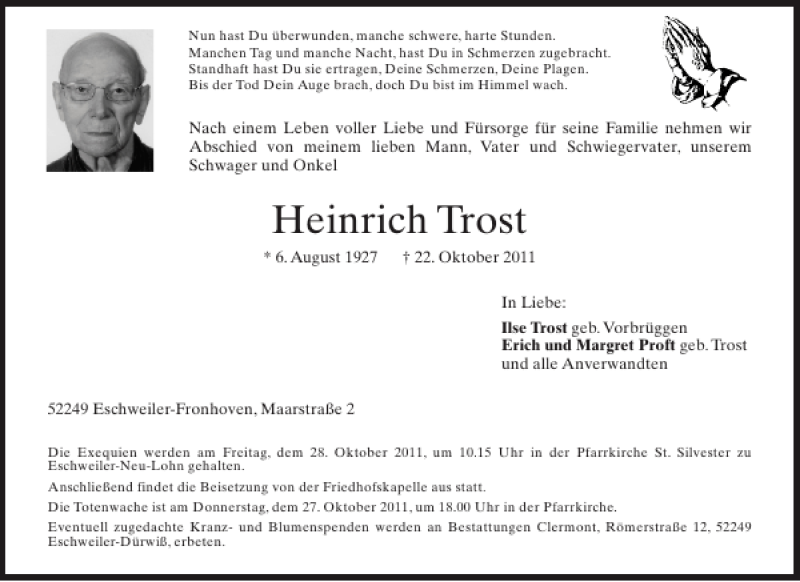  Traueranzeige für Heinrich  vom 25.10.2011 aus Aachener Zeitung / Aachener Nachrichten