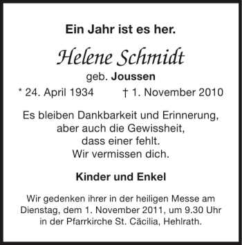Traueranzeige von Helene Schmidt von Super Sonntag / Super Mittwoch