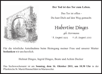 Traueranzeige von Hubertine Dinges von Aachener Zeitung / Aachener Nachrichten