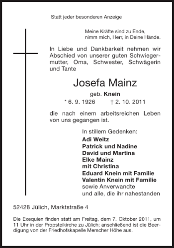 Traueranzeige von Josefa Mainz von Aachener Zeitung / Aachener Nachrichten