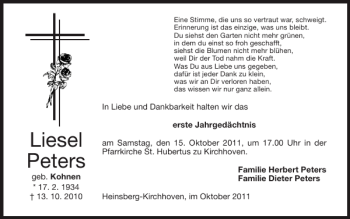 Traueranzeige von Liesel Peters von Super Sonntag / Super Mittwoch