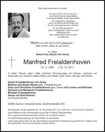 Traueranzeige von Manfred Freialdenhoven von Super Sonntag / Super Mittwoch
