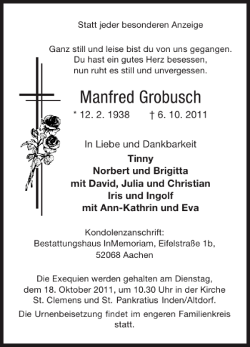 Traueranzeige von Manfred Grobusch von Super Sonntag / Super Mittwoch