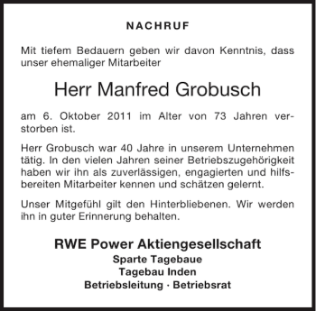 Traueranzeige von Manfred Grobusch von Aachener Zeitung / Aachener Nachrichten