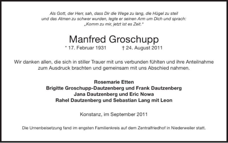  Traueranzeige für Manfred Groschupp vom 02.10.2011 aus Super Sonntag / Super Mittwoch