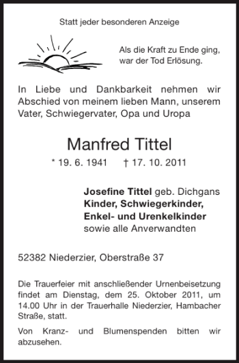 Traueranzeige von Manfred Tittel von Super Sonntag / Super Mittwoch