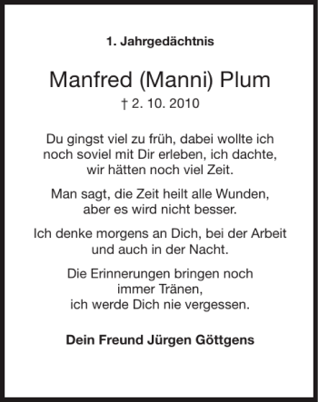 Traueranzeige von Manfred Manni Plum von Super Sonntag / Super Mittwoch