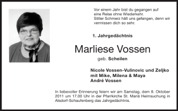 Traueranzeige von Marliese Vossen von Super Sonntag / Super Mittwoch