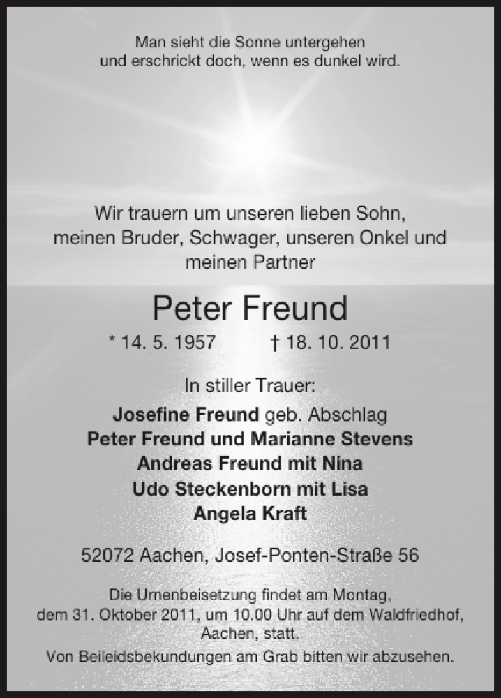  Traueranzeige für Peter Freund vom 26.10.2011 aus Super Sonntag / Super Mittwoch