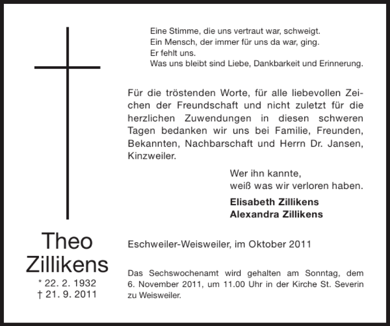 Traueranzeige für Theo Zillikens vom 30.10.2011 aus Super Sonntag / Super Mittwoch