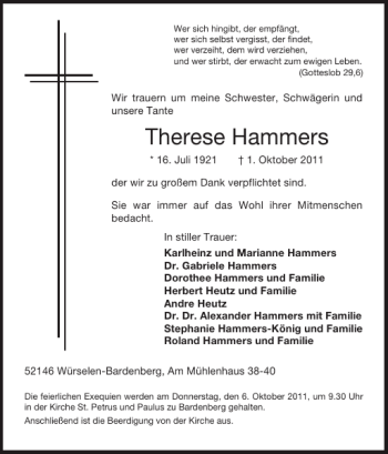 Traueranzeige von Therese Hammers von Super Sonntag / Super Mittwoch