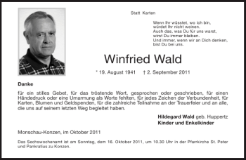 Traueranzeige von Winfried Wald von Aachener Zeitung / Aachener Nachrichten