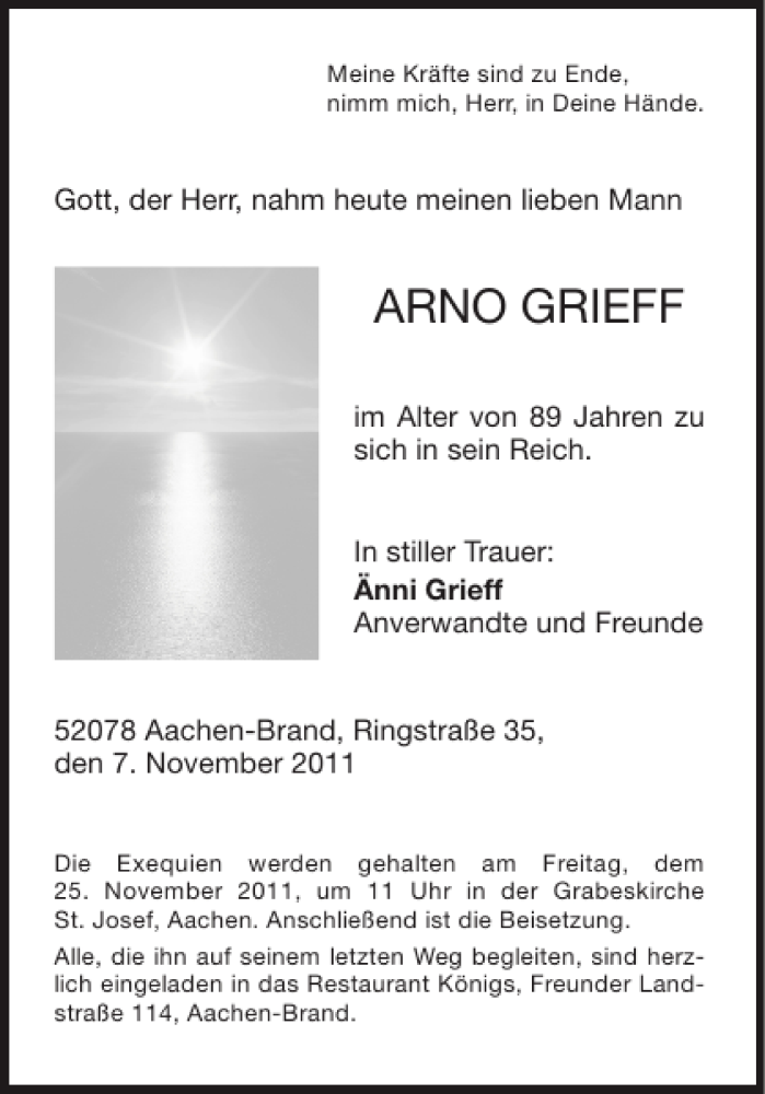  Traueranzeige für ARNO GRIEFF vom 19.11.2011 aus Aachener Zeitung / Aachener Nachrichten