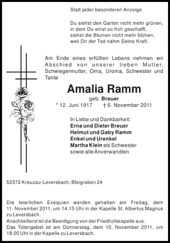 Traueranzeige von Amalia Ramm von Aachener Zeitung / Aachener Nachrichten