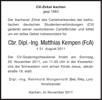 Traueranzeige von Cbr. Dipl.-Ing. Matthias Kempen FcA von Aachener Zeitung / Aachener Nachrichten