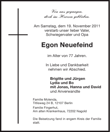 Traueranzeige von Egon Neuefeind von Aachener Zeitung / Aachener Nachrichten