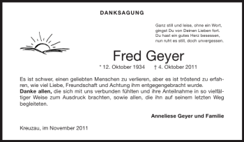 Traueranzeige von Fred Geyer von Super Sonntag / Super Mittwoch