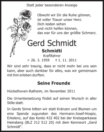 Traueranzeige von Gerd Schmidt von Super Sonntag / Super Mittwoch