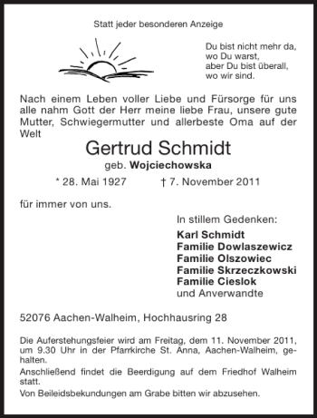 Traueranzeige von Gertrud Schmidt von Aachener Zeitung / Aachener Nachrichten