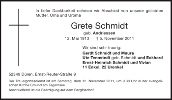Traueranzeige von Grete Schmidt von Aachener Zeitung / Aachener Nachrichten