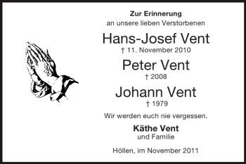 Traueranzeige von Hans-Josef Vent Peter Vent Johann Vent  von Super Sonntag / Super Mittwoch