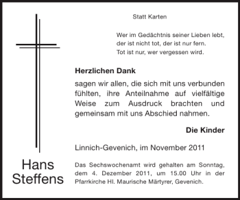 Traueranzeige von Hans Steffens von Super Sonntag / Super Mittwoch