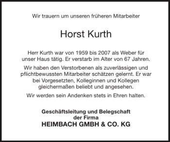 Traueranzeige von Horst Kurth von Super Sonntag / Super Mittwoch