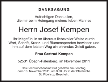 Traueranzeige von Josef Kempen von Super Sonntag / Super Mittwoch