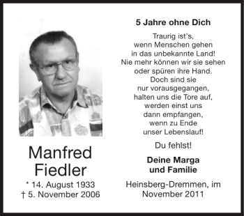 Traueranzeige von Manfred Fiedler von Super Sonntag / Super Mittwoch