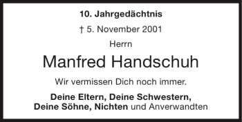 Traueranzeige von Manfred Handschuh von Super Sonntag / Super Mittwoch