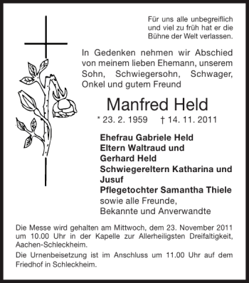 Traueranzeige von Manfred Held von Super Sonntag / Super Mittwoch