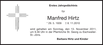 Traueranzeige von Manfred Hirtz von Aachener Zeitung / Aachener Nachrichten