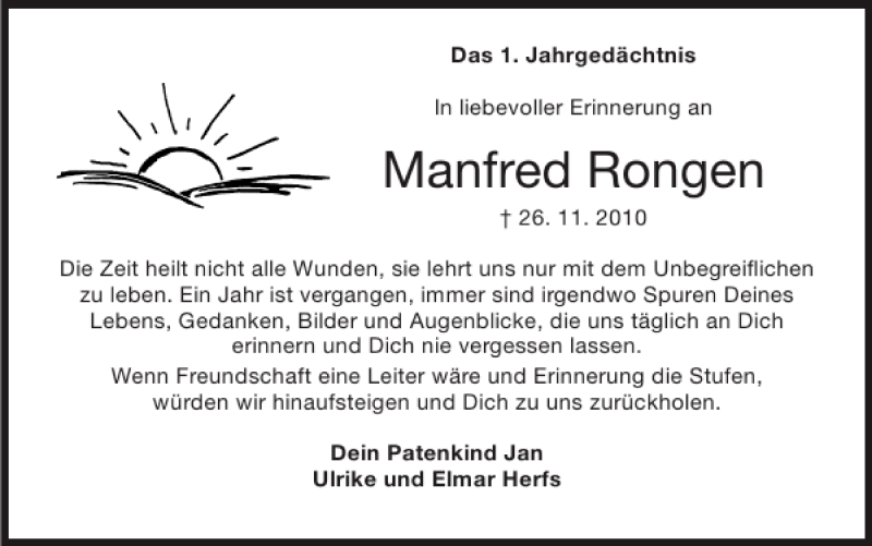  Traueranzeige für Manfred Rongen vom 27.11.2011 aus Super Sonntag / Super Mittwoch