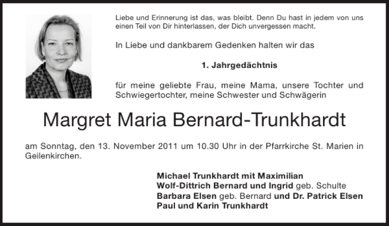  Traueranzeige für Margret Maria Bernard-Trunkhardt vom 12.11.2011 aus Aachener Zeitung / Aachener Nachrichten