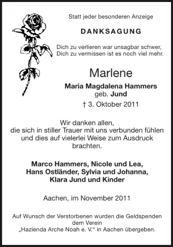 Traueranzeige von Marlene  von Aachener Zeitung / Aachener Nachrichten