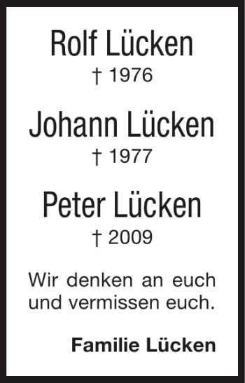 Traueranzeige von Rolf Lücken Johann Lücken Peter Lücken  von Super Sonntag / Super Mittwoch