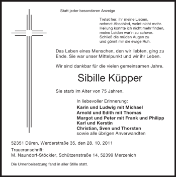 Traueranzeige von Sibille Küpper von Super Sonntag / Super Mittwoch
