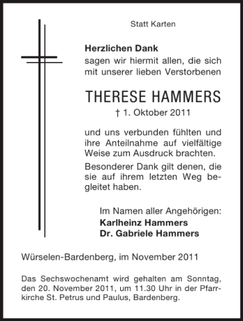 Traueranzeige von THERESE HAMMERS von Aachener Zeitung / Aachener Nachrichten